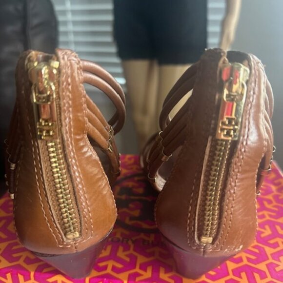 Tory Burch Brown Leather Woven Strappy Small Wedge Sandals Sz 8 - Picture 8 of 10